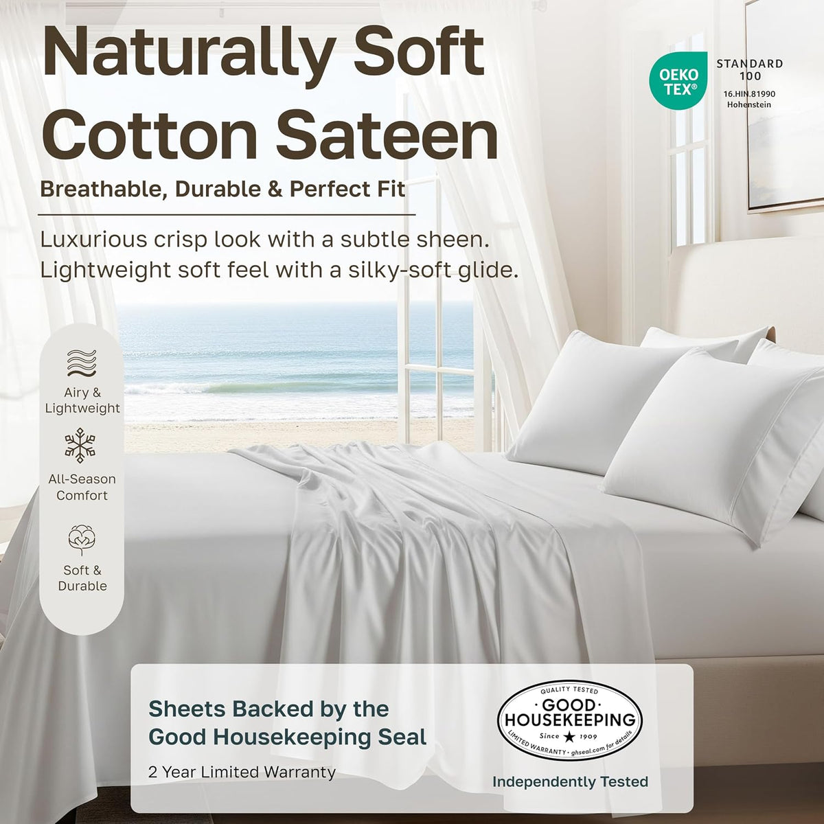 Soft Natural 100% Cotton Sateen Queen Bedsheets, 4 Pc Set, Pink