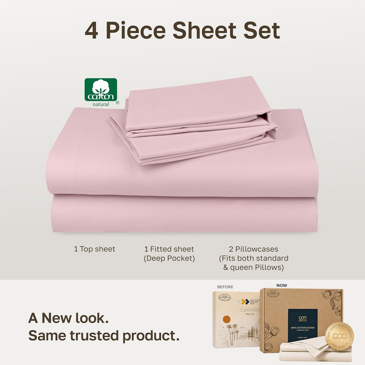 Soft Natural 100% Cotton Sateen Queen Bedsheets, 4 Pc Set, Pink
