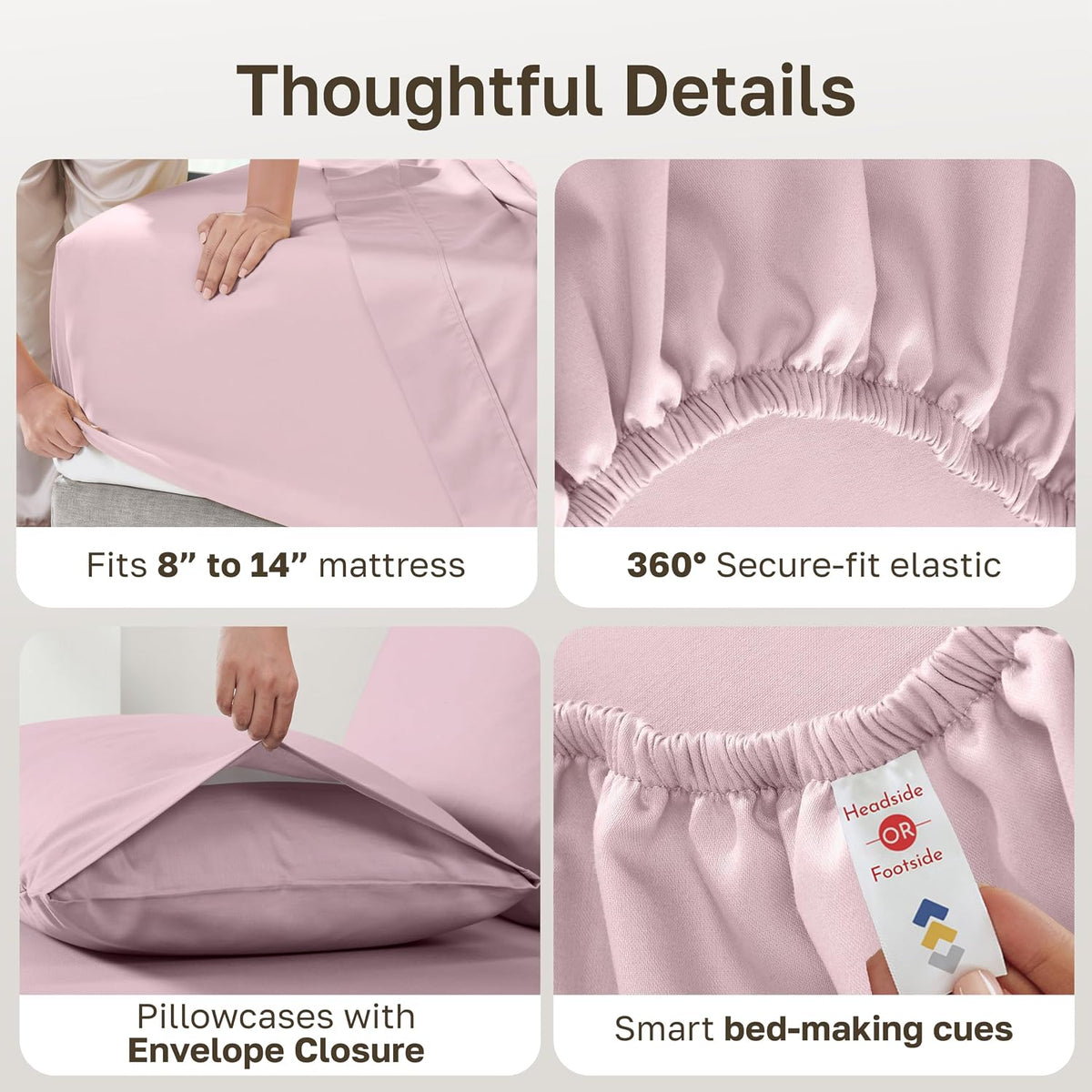 Soft Natural 100% Cotton Sateen Queen Bedsheets, 4 Pc Set, Pink