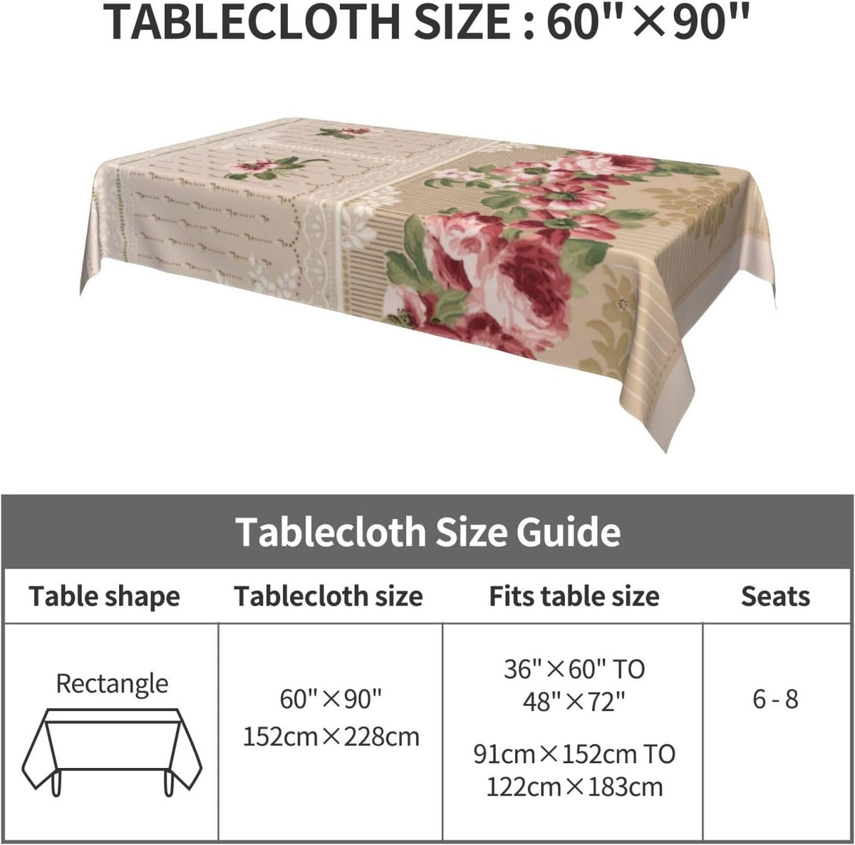 Romantic Victorian Pink Floral Tablecloth 60 x 90 Inch Washable Polyester Rectangle Table Cover for Party Wedding Picnic Dining