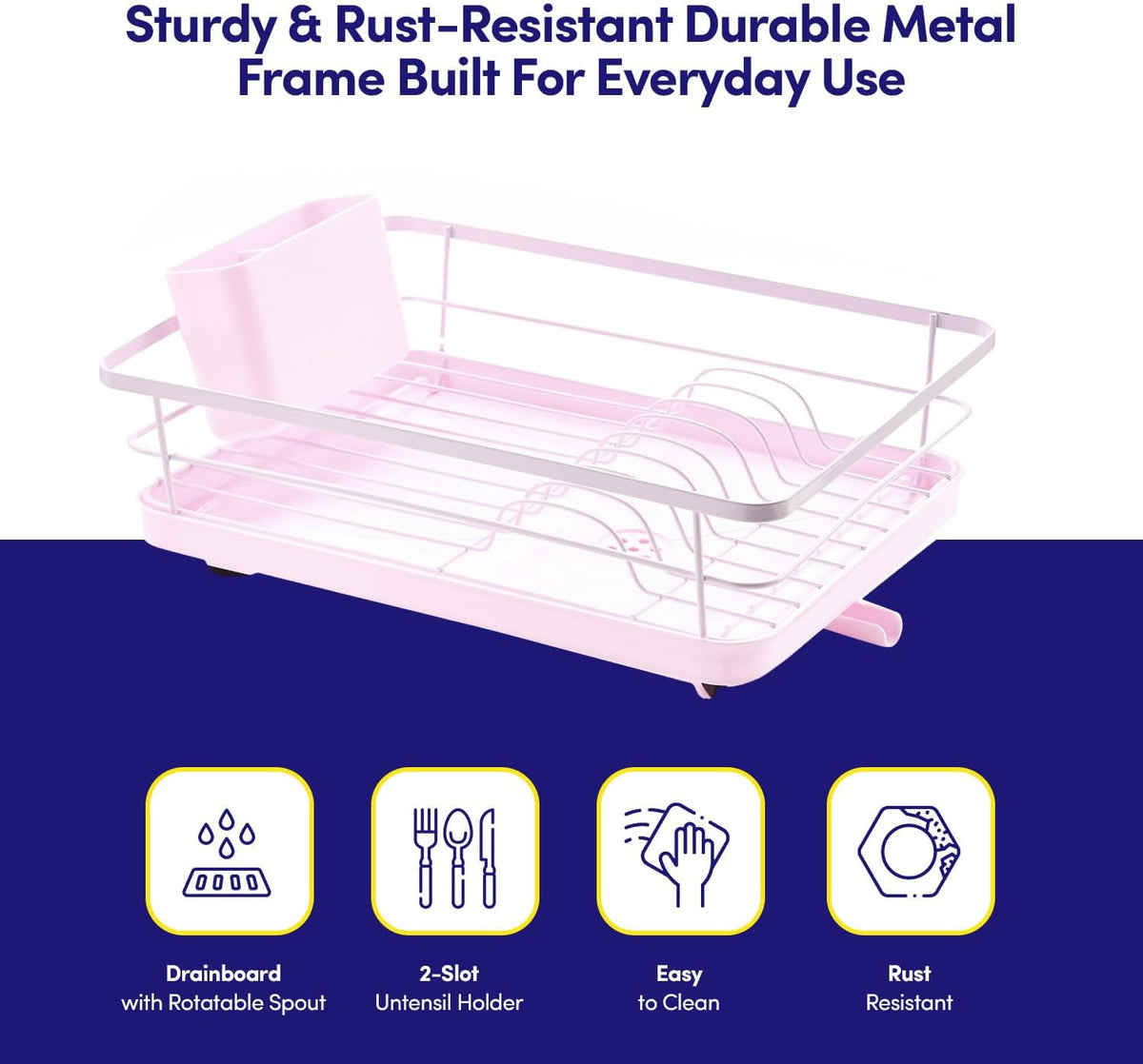 Dish Drying Rack 3 Piece Dish Drainer with Drainboard Set for Kitchen Counter – Dish Rack with Removable Utensil Holder & Swivel Spout for Countertop – DishRack for Plates, Cups & More, Pale Pink