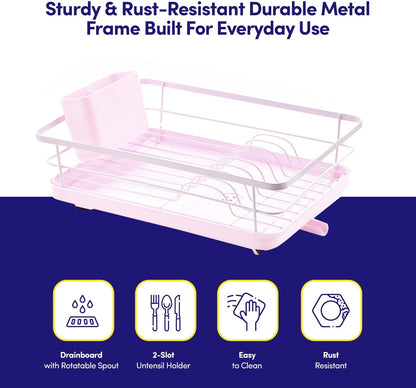 Dish Drying Rack 3 Piece Dish Drainer with Drainboard Set for Kitchen Counter – Dish Rack with Removable Utensil Holder & Swivel Spout for Countertop – DishRack for Plates, Cups & More, Pale Pink