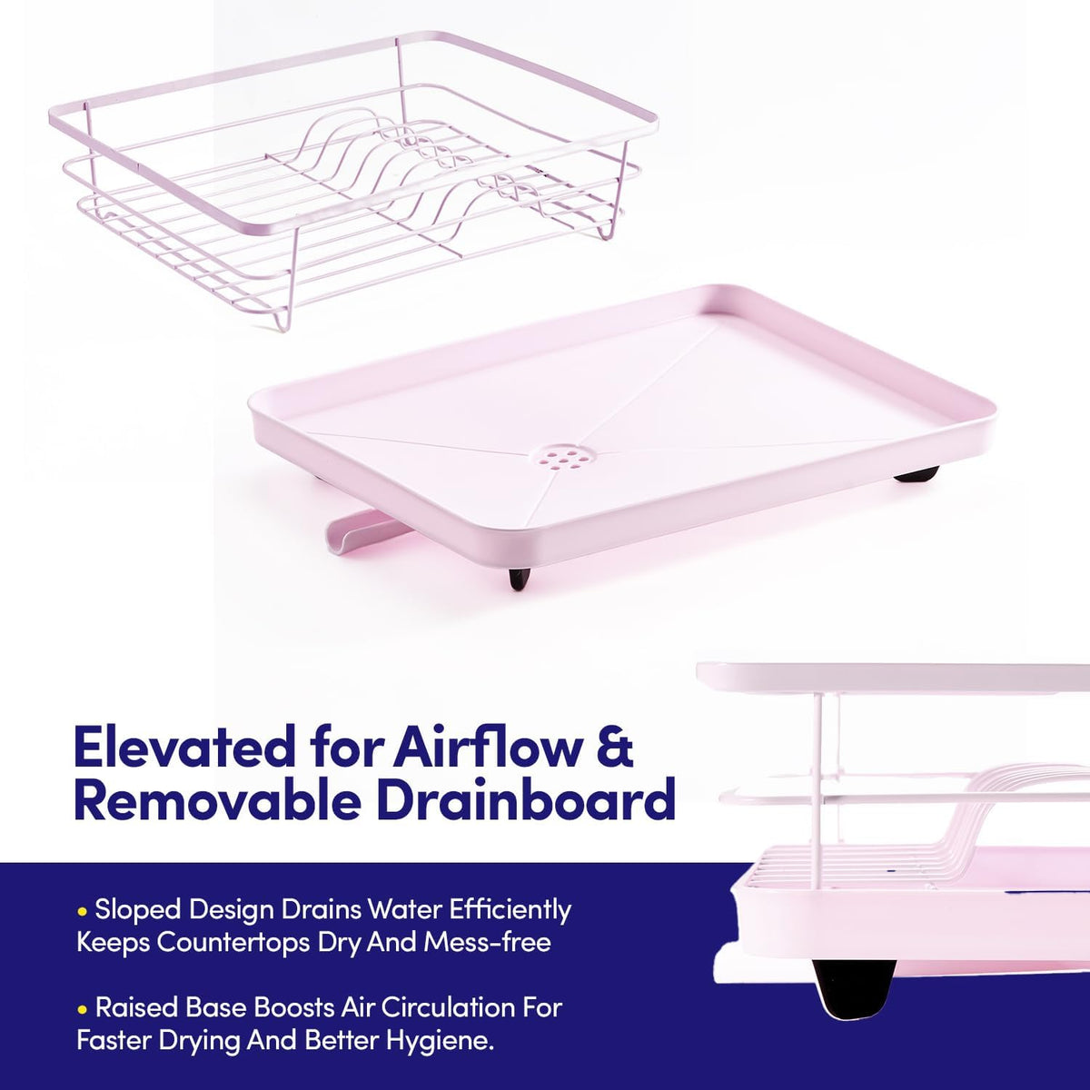 Dish Drying Rack 3 Piece Dish Drainer with Drainboard Set for Kitchen Counter – Dish Rack with Removable Utensil Holder & Swivel Spout for Countertop – DishRack for Plates, Cups & More, Pale Pink