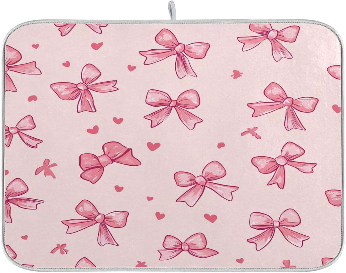Bow Pink Dish Drying Mat for Kitchen Counter, Super Absorbent Reversible Dish Drainer Rack Pad Coffee Bar Mat, 16 x 18 Inch