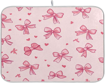 Bow Pink Dish Drying Mat for Kitchen Counter, Super Absorbent Reversible Dish Drainer Rack Pad Coffee Bar Mat, 16 x 18 Inch