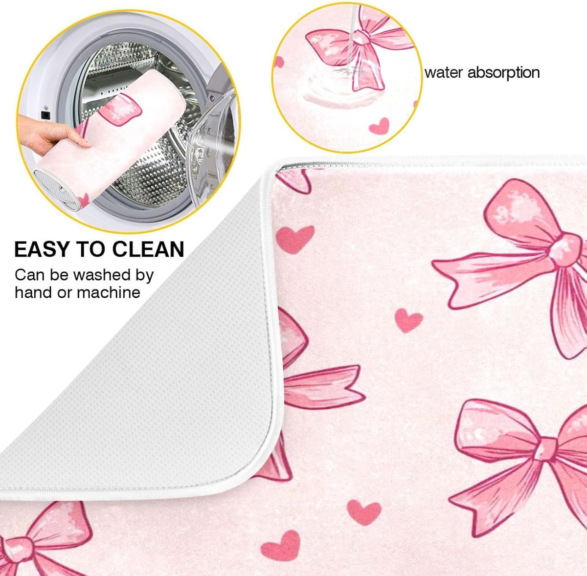 Bow Pink Dish Drying Mat for Kitchen Counter, Super Absorbent Reversible Dish Drainer Rack Pad Coffee Bar Mat, 16 x 18 Inch