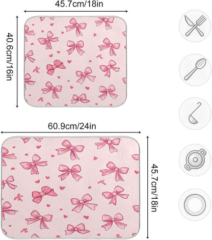 Bow Pink Dish Drying Mat for Kitchen Counter, Super Absorbent Reversible Dish Drainer Rack Pad Coffee Bar Mat, 16 x 18 Inch