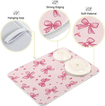 Bow Pink Dish Drying Mat for Kitchen Counter, Super Absorbent Reversible Dish Drainer Rack Pad Coffee Bar Mat, 16 x 18 Inch