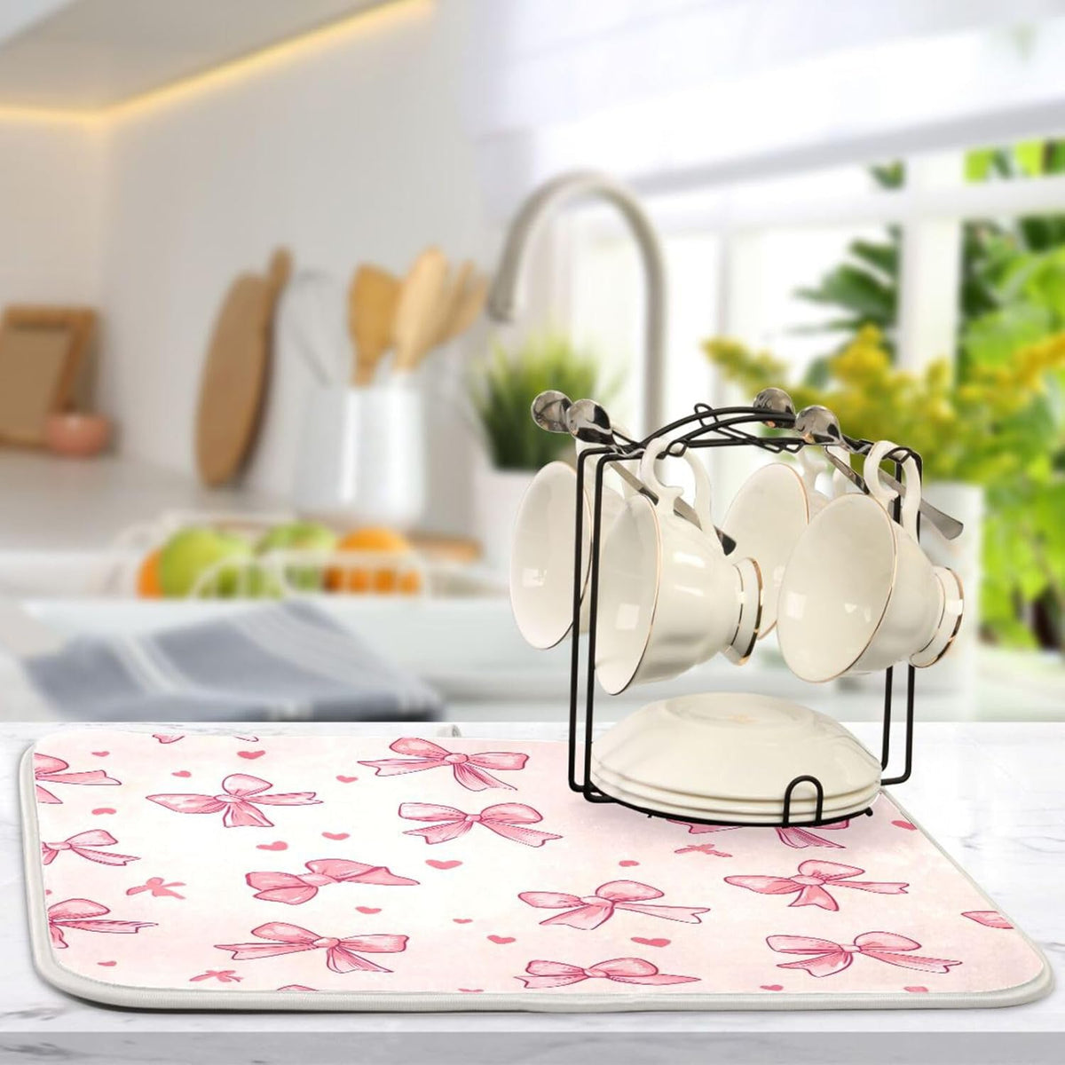 Bow Pink Dish Drying Mat for Kitchen Counter, Super Absorbent Reversible Dish Drainer Rack Pad Coffee Bar Mat, 16 x 18 Inch