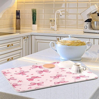 Bow Pink Dish Drying Mat for Kitchen Counter, Super Absorbent Reversible Dish Drainer Rack Pad Coffee Bar Mat, 16 x 18 Inch