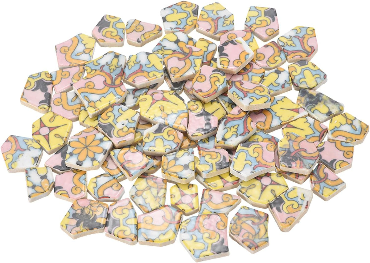Irregular Ceramic Mosaic Tiles, 500g/1.1lb Broken Porcelain Mosaic Tiles Bulk Irregular Glazed for DIY Art Craft Making Home Decor, Yellow/Pink