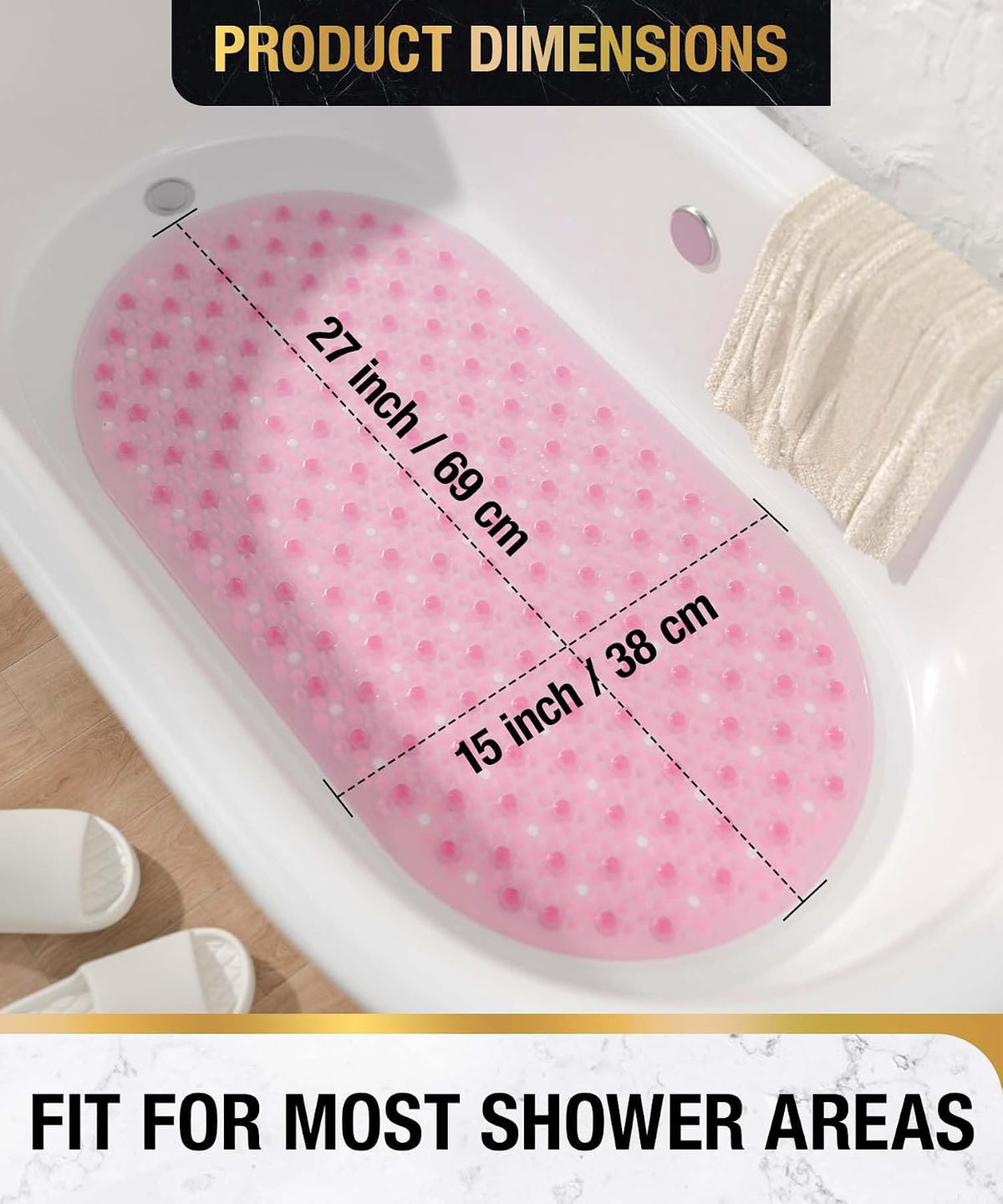 Oval Bath Mat for Tub, 27x15 Inch Bubble Bathtub Mat Non Slip, Machine Washable Bathroom Shower Mat with Drain Holes and Suction Cups, Bathroom Accessories Pink