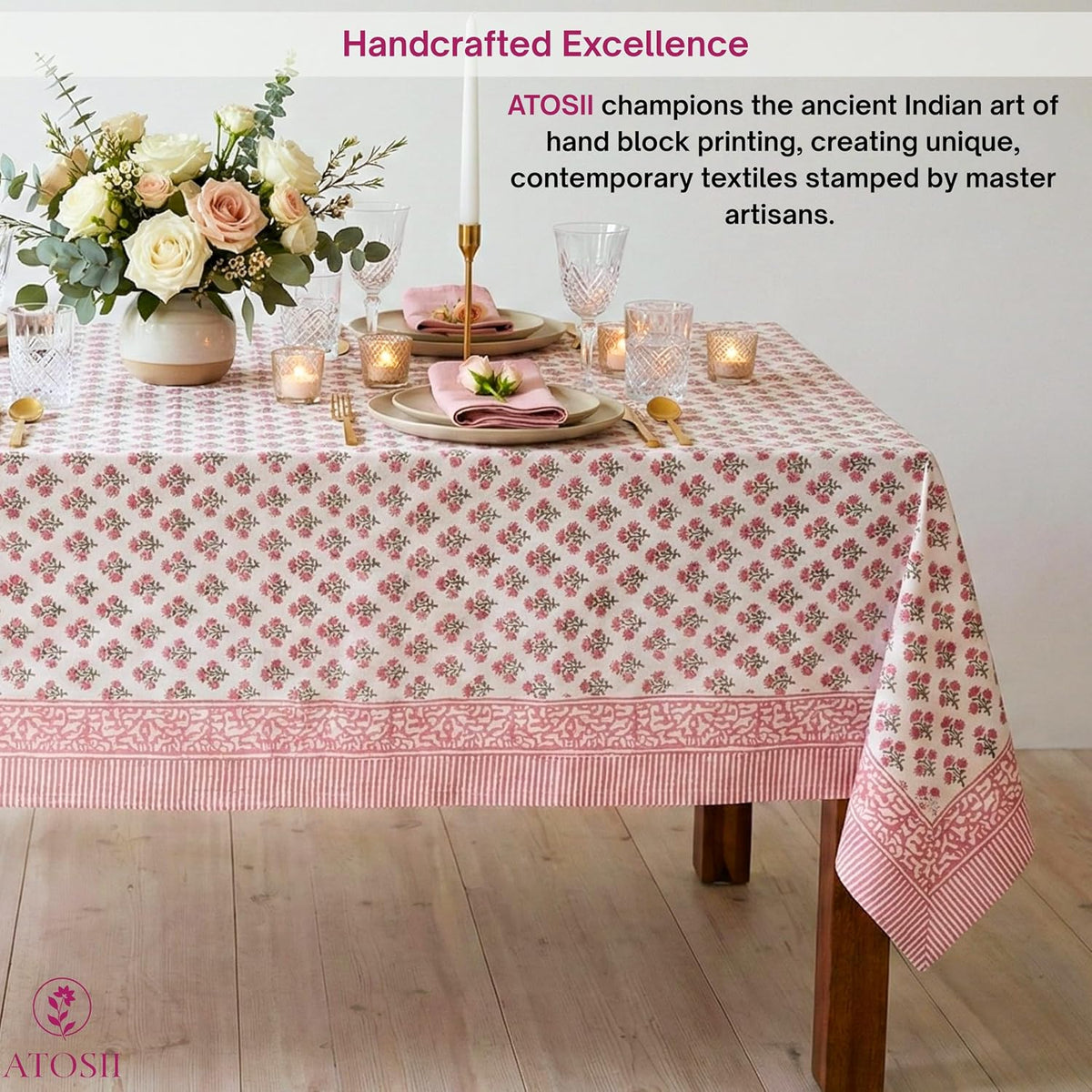 Cotton Blockprint Rectangle Table Cloth, Gulbahar Pink, 90" X 60"