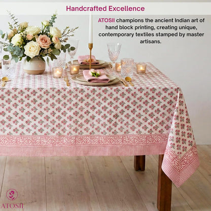 Cotton Blockprint Rectangle Table Cloth, Gulbahar Pink, 90" X 60"