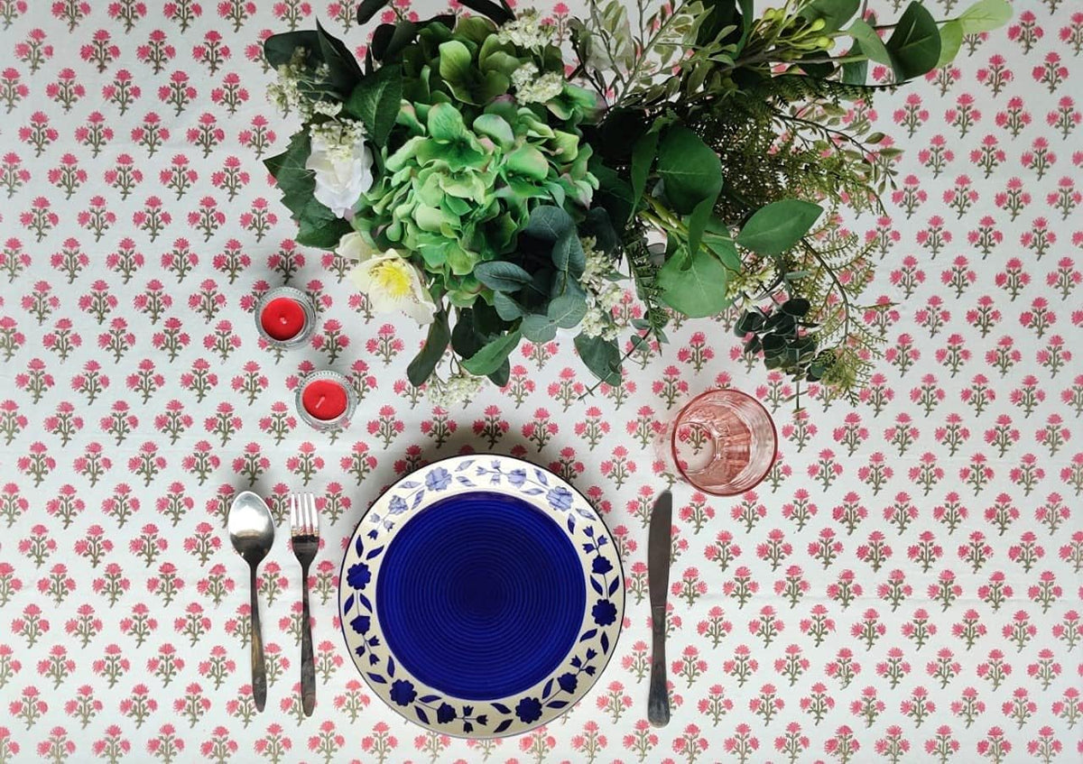 Cotton Blockprint Rectangle Table Cloth, Gulbahar Pink, 90" X 60"