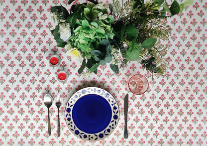 Cotton Blockprint Rectangle Table Cloth, Gulbahar Pink, 90" X 60"