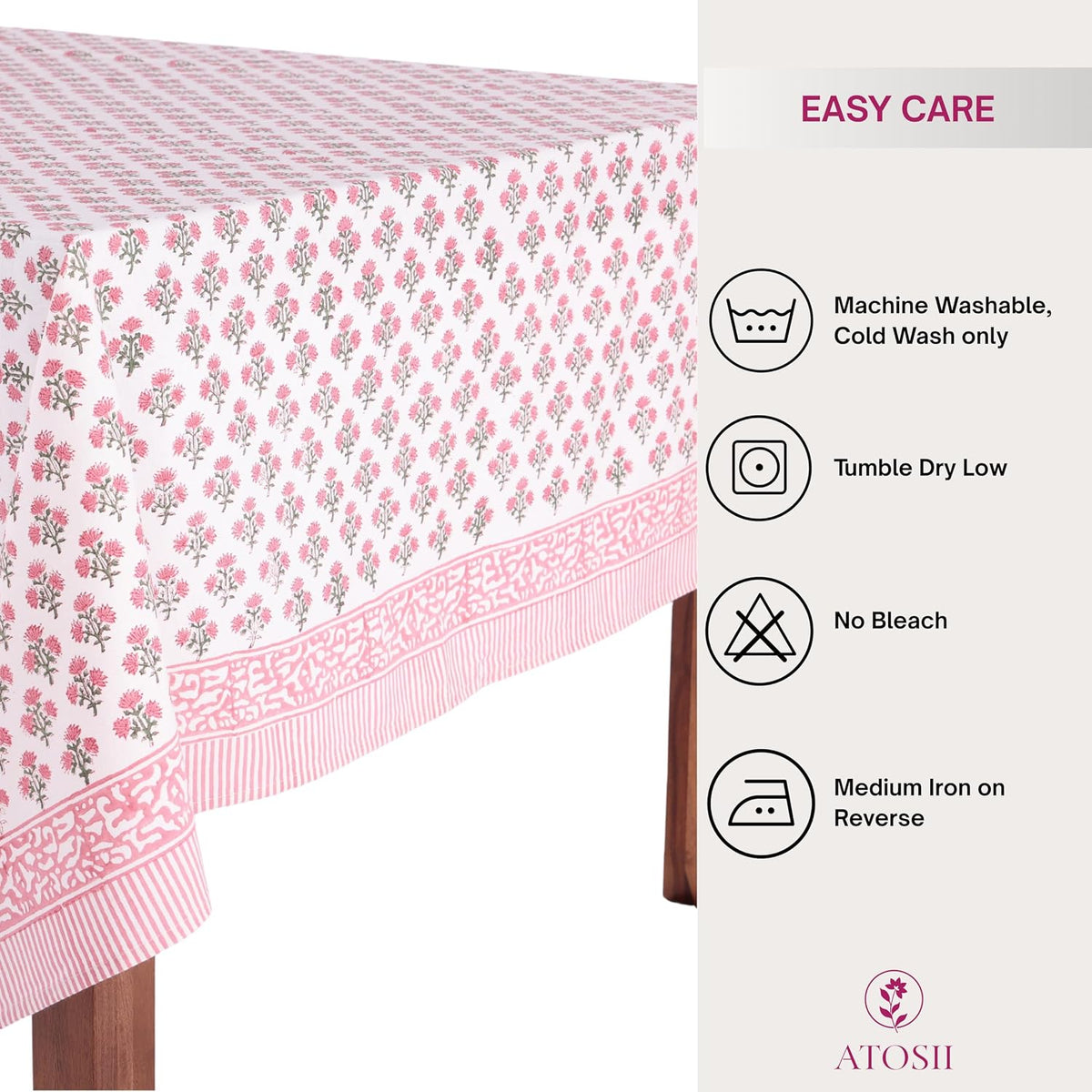 Cotton Blockprint Rectangle Table Cloth, Gulbahar Pink, 90" X 60"