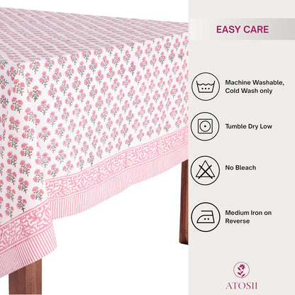 Cotton Blockprint Rectangle Table Cloth, Gulbahar Pink, 90" X 60"