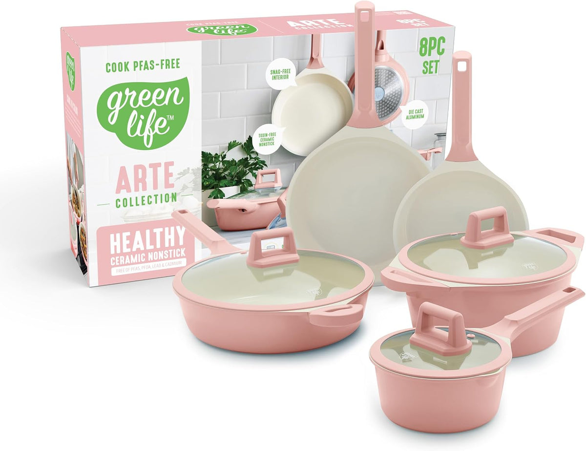 8 Piece Ceramic Nonstick Cookware Set, Induction Suitable Non Toxic PFAS-Free Pots & Pans, Dishwasher Safe, Cooking Set, Stock Pot, Saucepans & Frying Pans, Kitchen Cooking, Light Pink