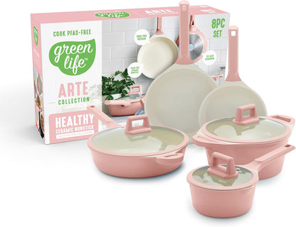 8 Piece Ceramic Nonstick Cookware Set, Induction Suitable Non Toxic PFAS-Free Pots & Pans, Dishwasher Safe, Cooking Set, Stock Pot, Saucepans & Frying Pans, Kitchen Cooking, Light Pink