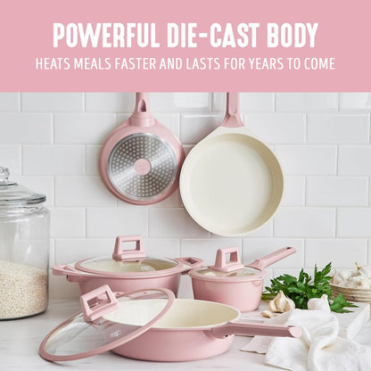8 Piece Ceramic Nonstick Cookware Set, Induction Suitable Non Toxic PFAS-Free Pots & Pans, Dishwasher Safe, Cooking Set, Stock Pot, Saucepans & Frying Pans, Kitchen Cooking, Light Pink
