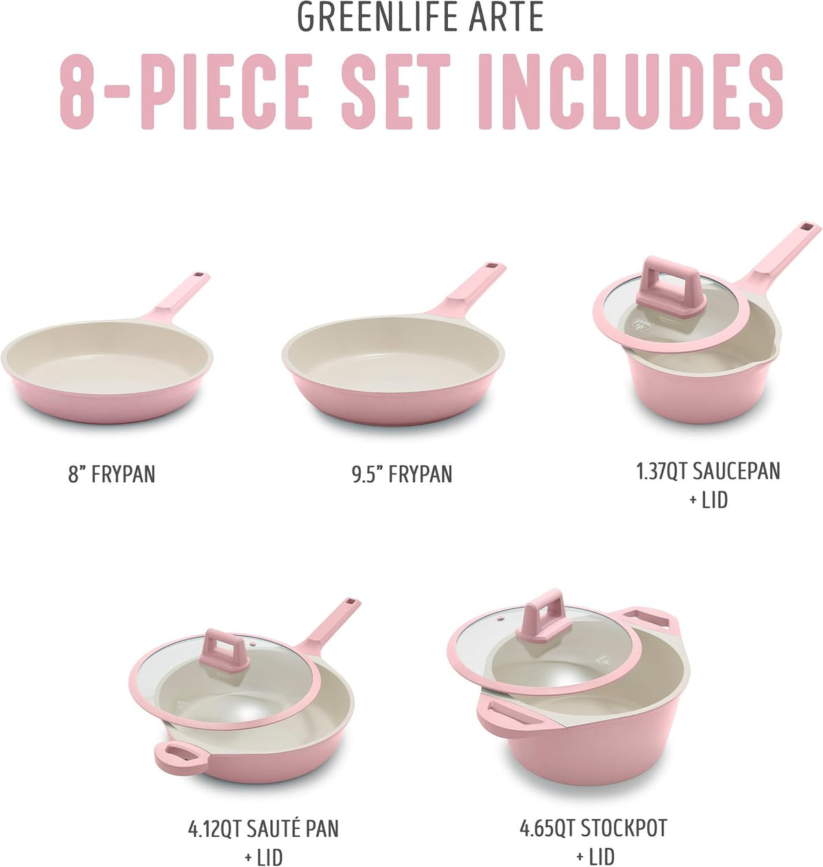 8 Piece Ceramic Nonstick Cookware Set, Induction Suitable Non Toxic PFAS-Free Pots & Pans, Dishwasher Safe, Cooking Set, Stock Pot, Saucepans & Frying Pans, Kitchen Cooking, Light Pink