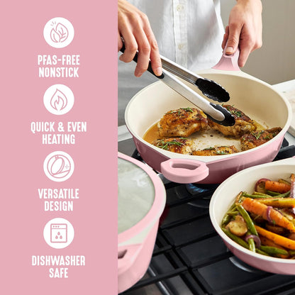 8 Piece Ceramic Nonstick Cookware Set, Induction Suitable Non Toxic PFAS-Free Pots & Pans, Dishwasher Safe, Cooking Set, Stock Pot, Saucepans & Frying Pans, Kitchen Cooking, Light Pink