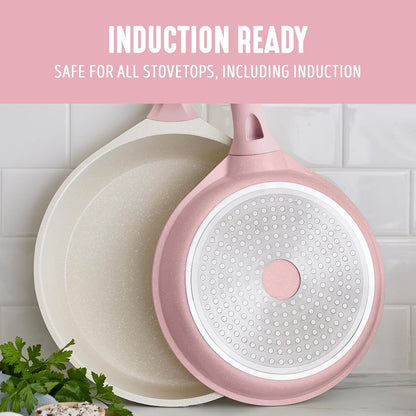8 Piece Ceramic Nonstick Cookware Set, Induction Suitable Non Toxic PFAS-Free Pots & Pans, Dishwasher Safe, Cooking Set, Stock Pot, Saucepans & Frying Pans, Kitchen Cooking, Light Pink