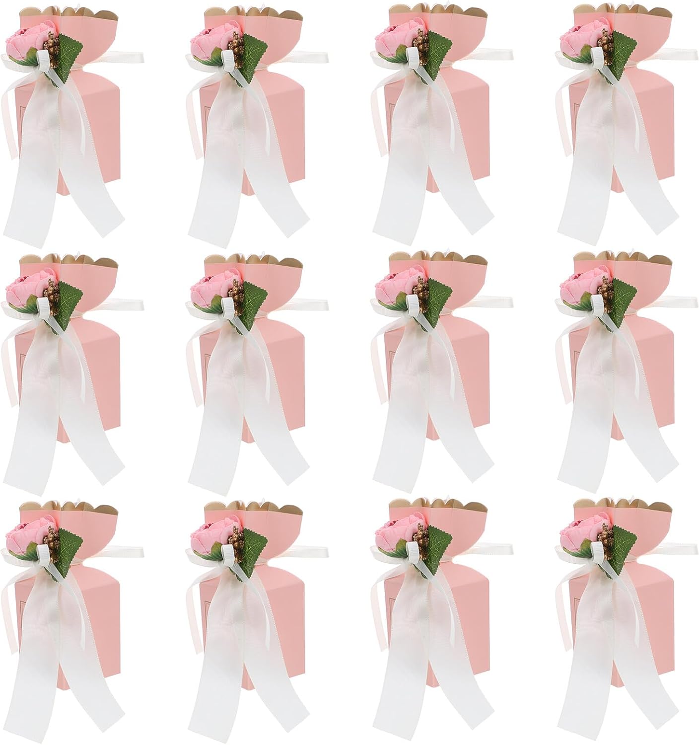 Healifty 12pcs Pink Flower Wedding Treat Boxes with Bow Ribbon Decorative Candy Packaging for Birthday Party Favors and Wrapping