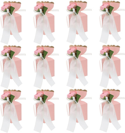 Healifty 12pcs Pink Flower Wedding Treat Boxes with Bow Ribbon Decorative Candy Packaging for Birthday Party Favors and Wrapping