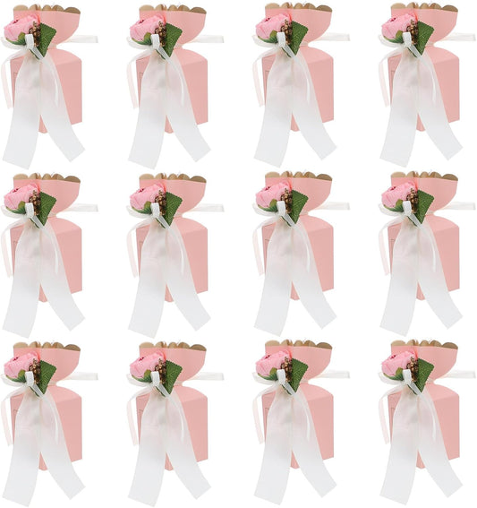 Healifty 12pcs Pink Flower Wedding Treat Boxes with Bow Ribbon Decorative Candy Packaging for Birthday Party Favors and Wrapping
