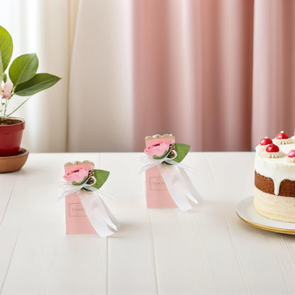 Healifty 12pcs Pink Flower Wedding Treat Boxes with Bow Ribbon Decorative Candy Packaging for Birthday Party Favors and Wrapping