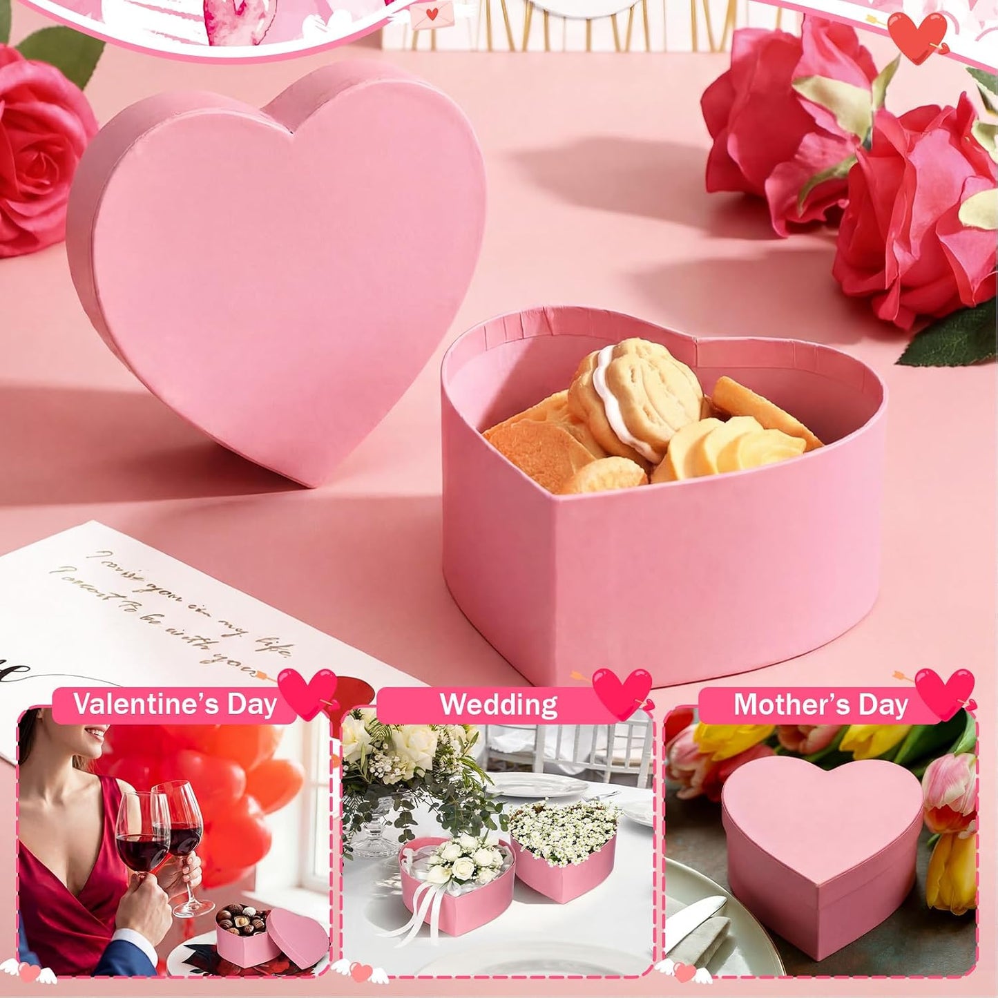 12 Pcs Small Heart Shaped Boxes - 4 x 2 Inch Wedding Nesting Gift Boxes with Lids, Heart Paper Decorative for Wedding Bridal Shower Gift Wrapping Party Decor(Pink)