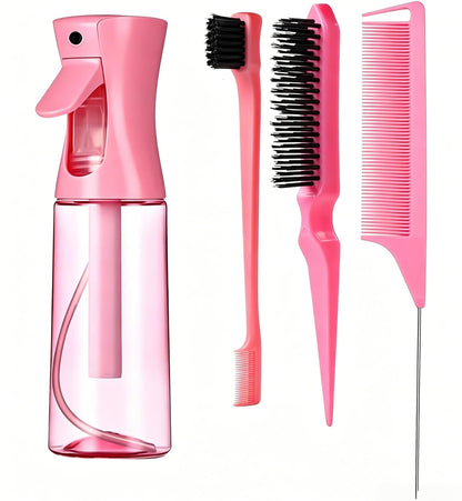Hair Brush Set with Continuous Spray Bottle，Slick Back Hair Brush Back Brushing, Combing, Slicking Hair (PINK)