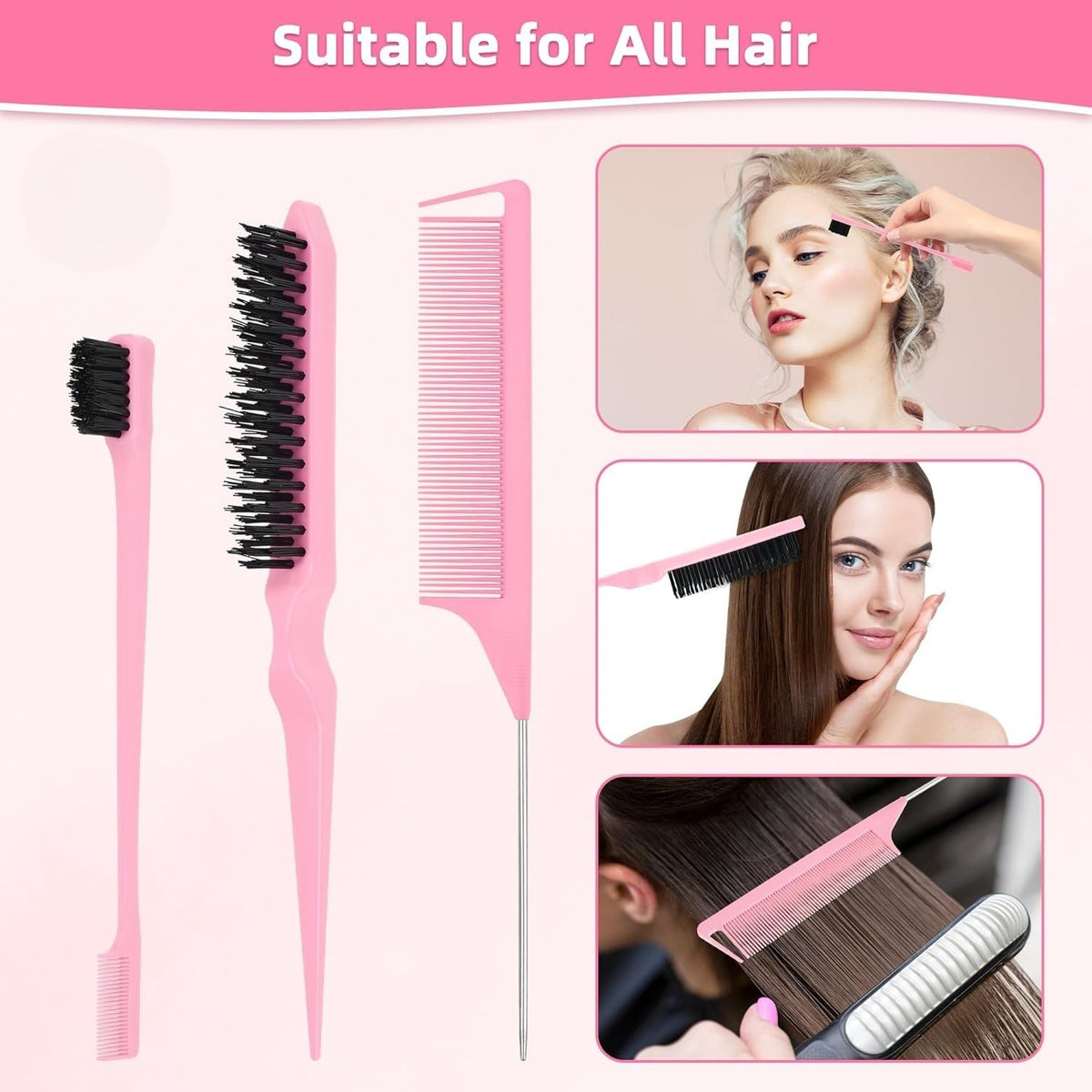 Hair Brush Set with Continuous Spray Bottle，Slick Back Hair Brush Back Brushing, Combing, Slicking Hair (PINK)