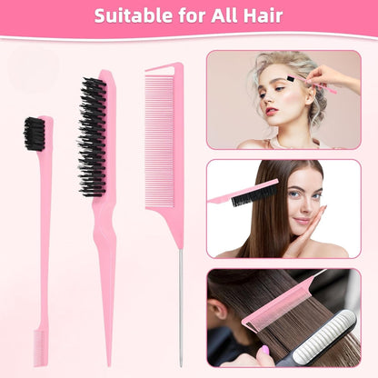 Hair Brush Set with Continuous Spray Bottle，Slick Back Hair Brush Back Brushing, Combing, Slicking Hair (PINK)