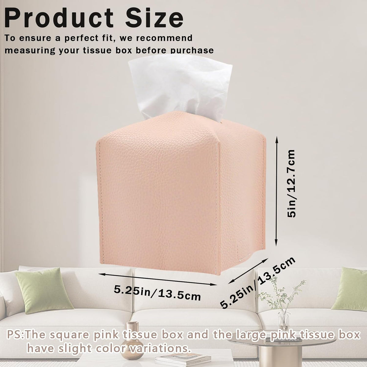 1PC Square Tissue Box Cover, PU Leather Square Tissue Box Holder with Bottom Belt Modern Tissue Box Organizer for Bathroom/Car/Hotel/Office (5.25”x5.25”x5”, Pink)