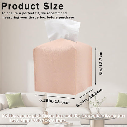 1PC Square Tissue Box Cover, PU Leather Square Tissue Box Holder with Bottom Belt Modern Tissue Box Organizer for Bathroom/Car/Hotel/Office (5.25”x5.25”x5”, Pink)