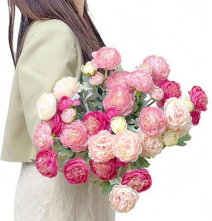 Artificial Flowers Silk Peony Pink Flowers Combo Rose Red Silk Flowers Bouquet 20Pcs 60Heads Fake Peonies for Faux Floral Arrangements Home Table Kitchen Wedding Party Farmhouse Decor