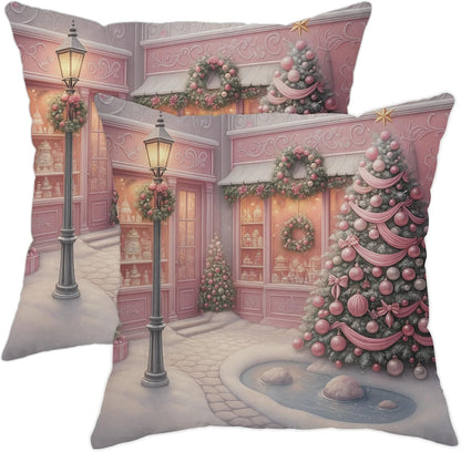 Christmas Throw Pillow Covers Set of 2, Peach Holiday Decor Cushion Cases, Festive Decorative Square Covers for Home Sofa Bed Couch 16x16 Inch