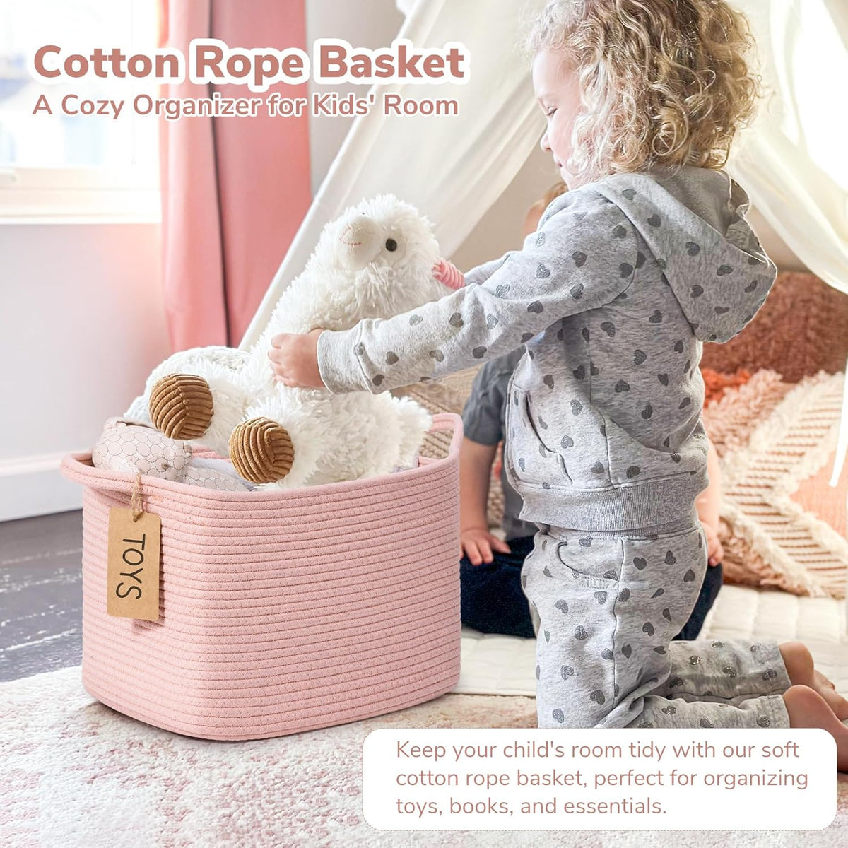 Woven Rope Storage Basket for Shelves, Rectangle, Pink