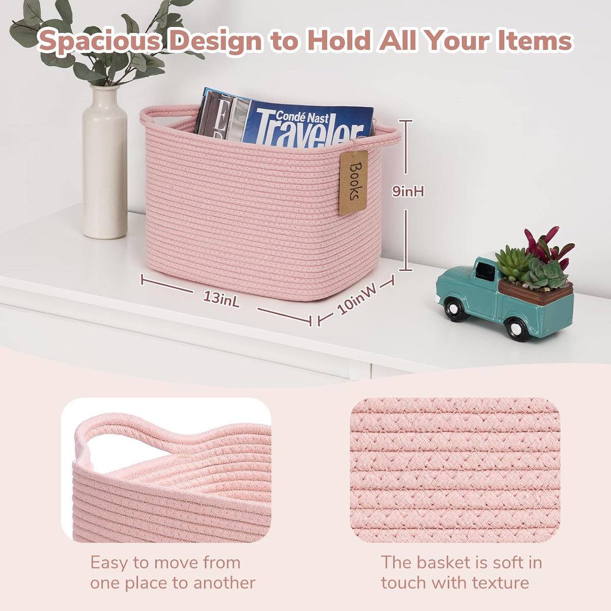 Woven Rope Storage Basket for Shelves, Rectangle, Pink