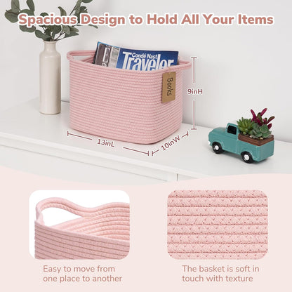 Woven Rope Storage Basket for Shelves, Rectangle, Pink
