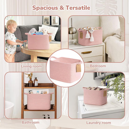 Woven Rope Storage Basket for Shelves, Rectangle, Pink