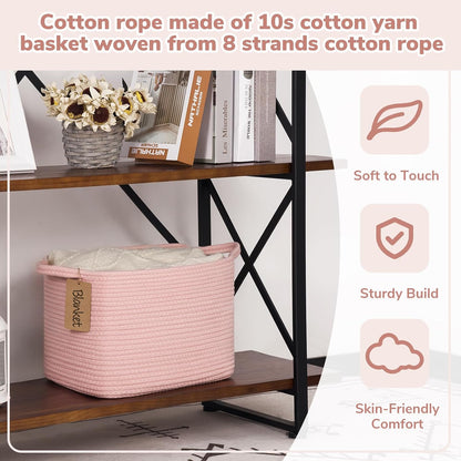 Woven Rope Storage Basket for Shelves, Rectangle, Pink