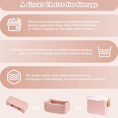 Woven Rope Storage Basket for Shelves, Rectangle, Pink