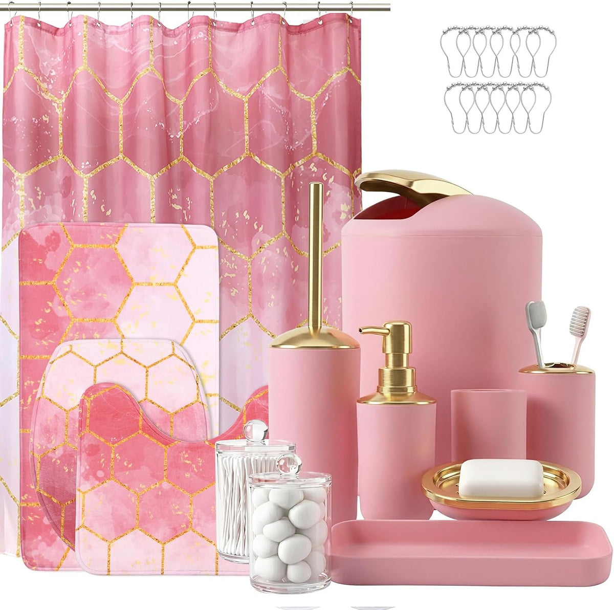 25 Pcs Pink Bathroom Accessories Set with Shower Curtain, Rugs & Trash Can