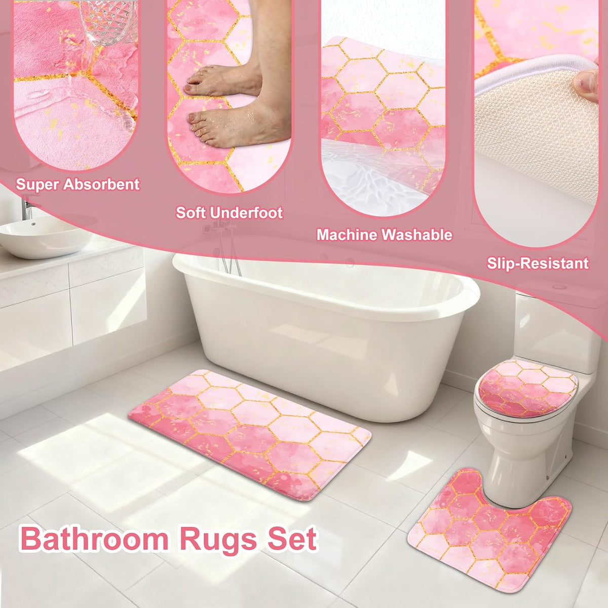 25 Pcs Pink Bathroom Accessories Set with Shower Curtain, Rugs & Trash Can