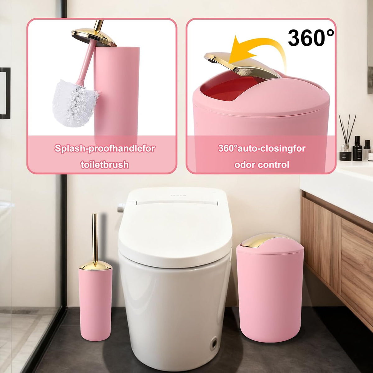 25 Pcs Pink Bathroom Accessories Set with Shower Curtain, Rugs & Trash Can