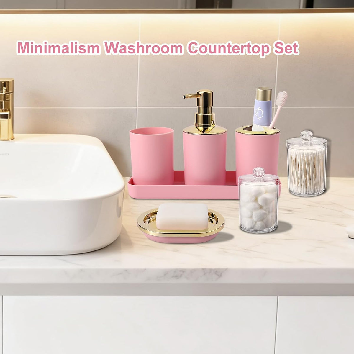 25 Pcs Pink Bathroom Accessories Set with Shower Curtain, Rugs & Trash Can
